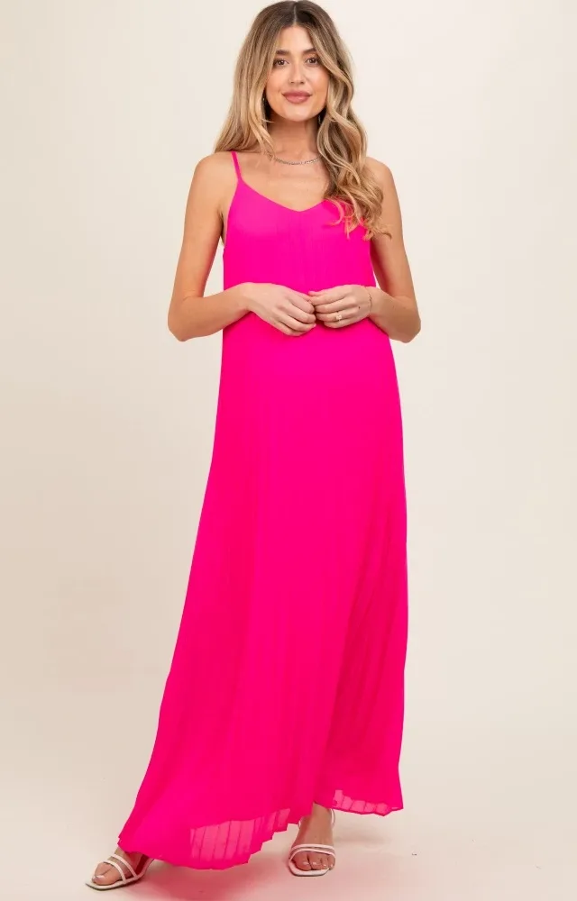 Fuchsia Pleated Sleeveless Maternity Maxi Dress