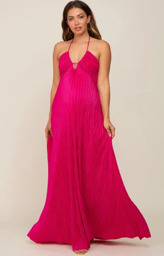 Fuchsia Plisse Halter Back Tie Maternity Maxi Dress