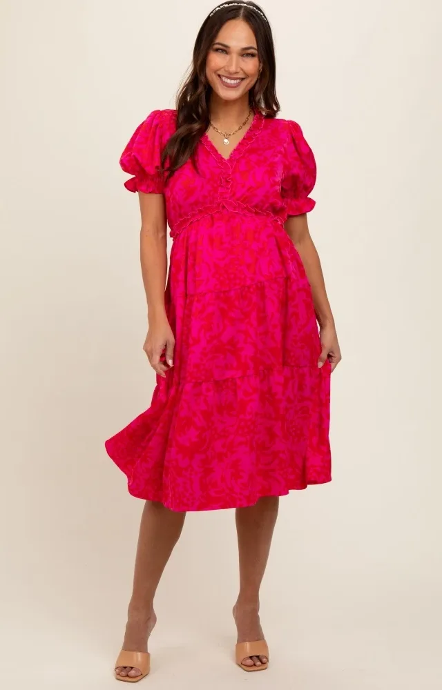 Fuchsia Print Ruffle Trim Tiered Maternity Dress