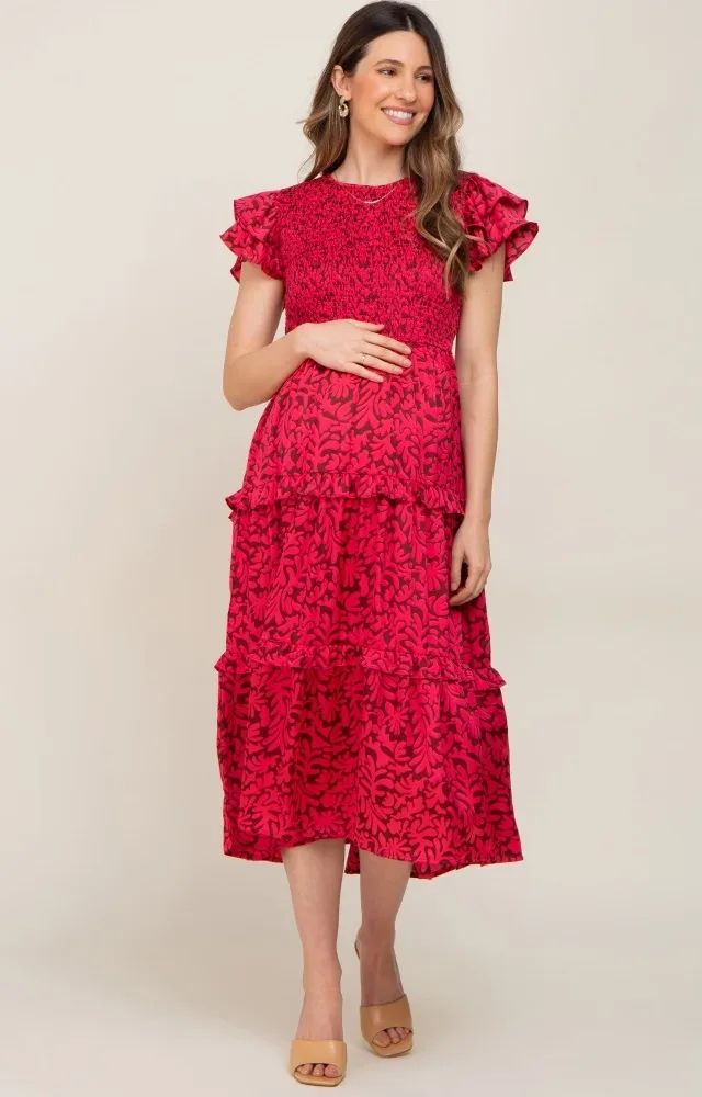 Fuchsia Print Smocked Ruffle Tiered Maternity Dress