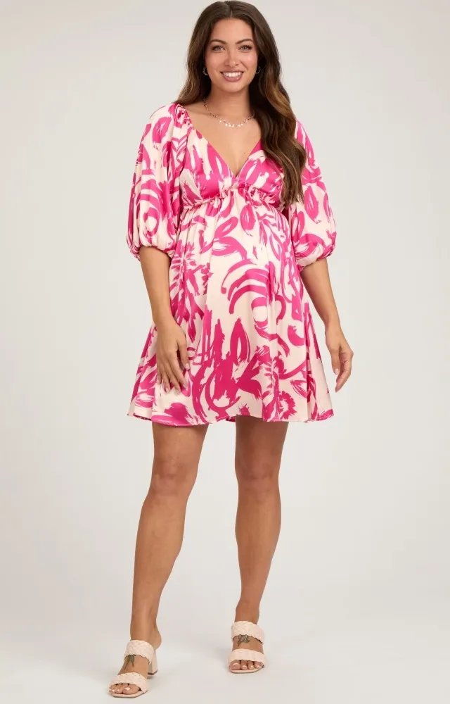 Fuchsia Printed Bubble Sleeve Sweetheart Maternity Dress