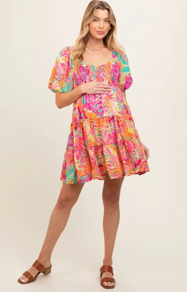 Fuchsia Printed Smocked Puff Sleeve Maternity Dress