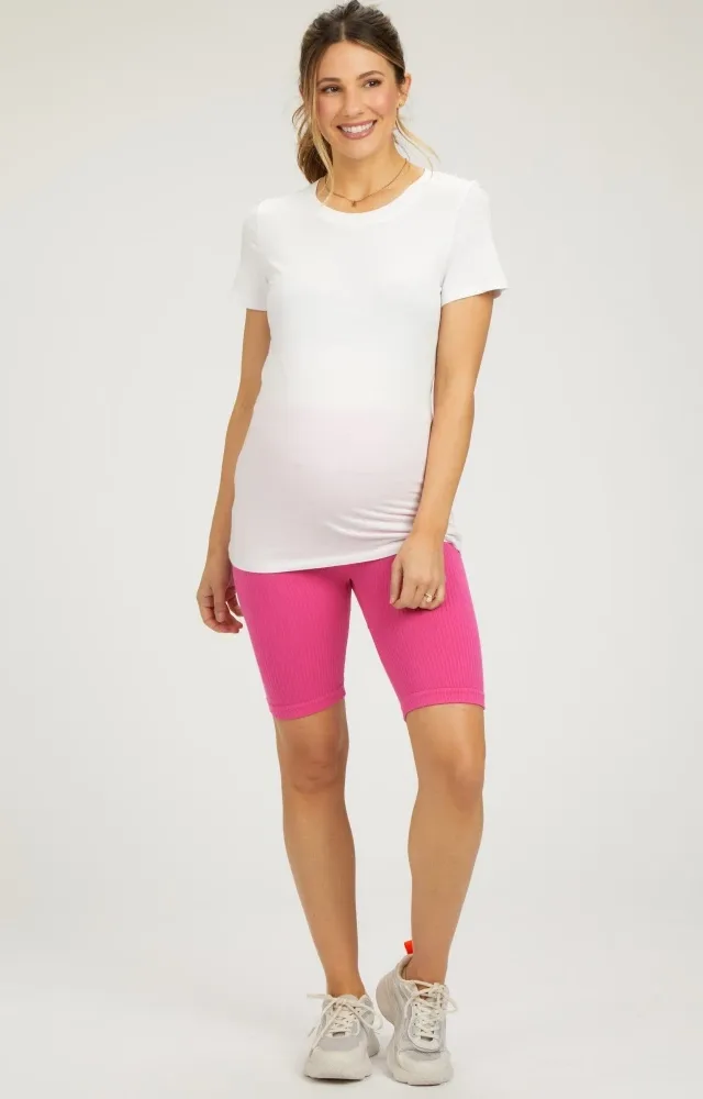 Fuchsia Rib Knit Maternity Biker Shorts