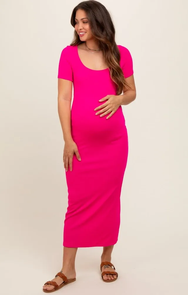 Fuchsia Ribbed Fitted Maternity Midi Dress