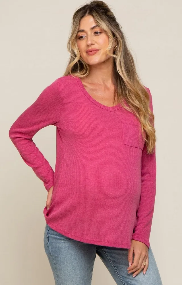 Fuchsia Ribbed Knit Maternity Long Sleeve Top