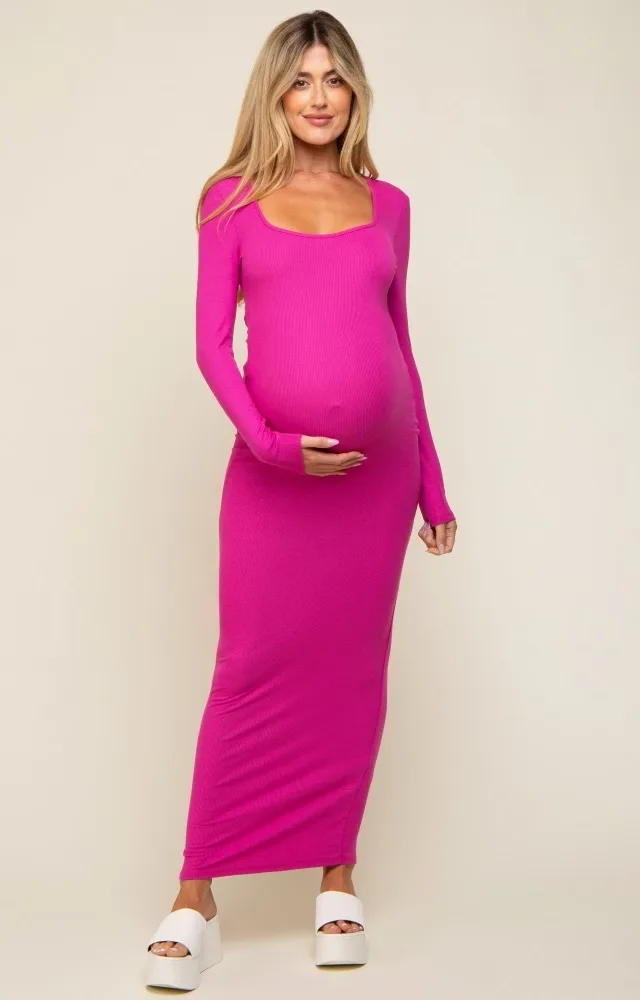 Fuchsia Ribbed Long Sleeve Square Neck Maternity Maxi Dress