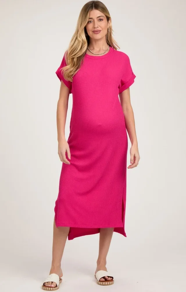 Fuchsia Ribbed Short Sleeve Maternity Midi Dress