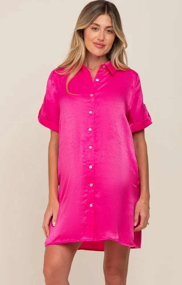 Fuchsia Satin Button Front Short Sleeve Maternity Dress