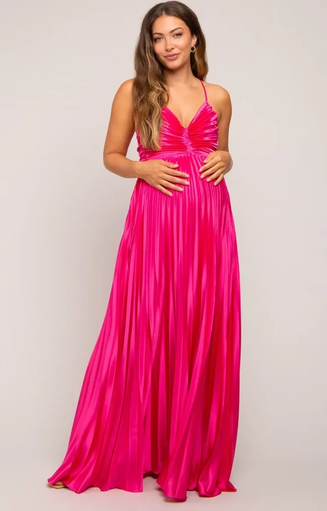 Fuchsia Satin Pleated Cutout Maternity Gown