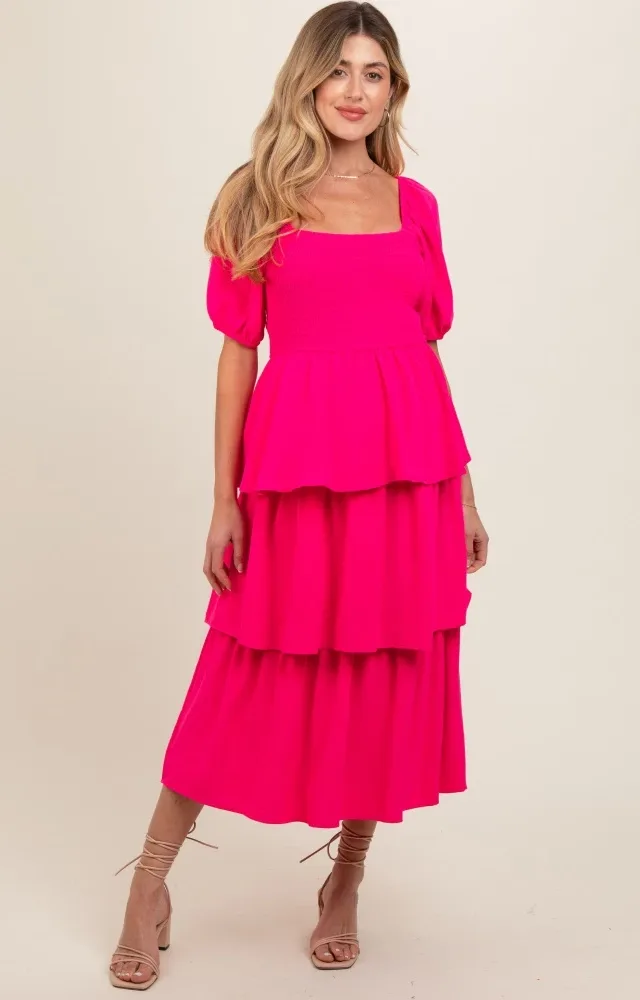 Fuchsia Smocked Body Ruffled Tiered Maternity Dress