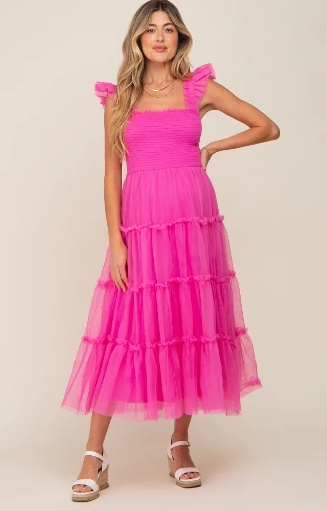 Fuchsia Smocked Mesh Ruffle Accent Maternity Midi Dress