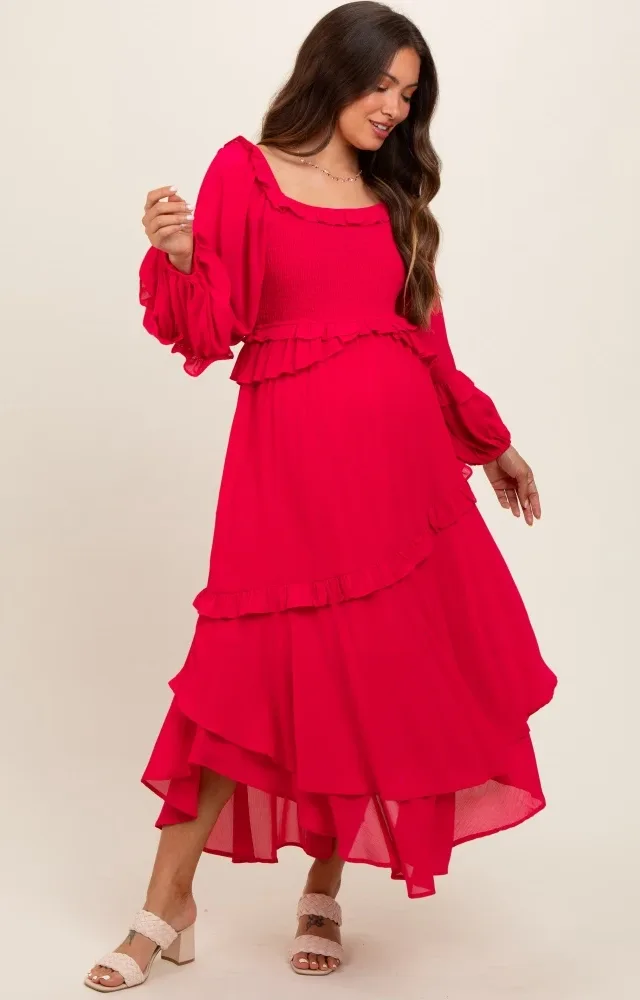 Fuchsia Smocked Ruffle Long Sleeve Maternity Midi Dress