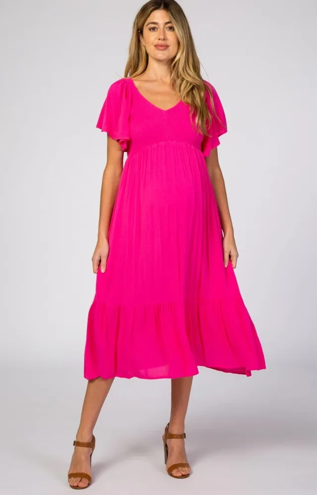 Fuchsia Smocked Ruffle Maternity Dress