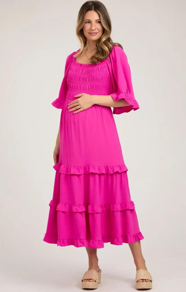 Fuchsia Smocked Ruffle Tiered Maternity Midi Dress