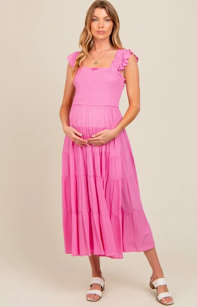 Fuchsia Smocked Tiered Ruffle Strap Maternity Midi Dress