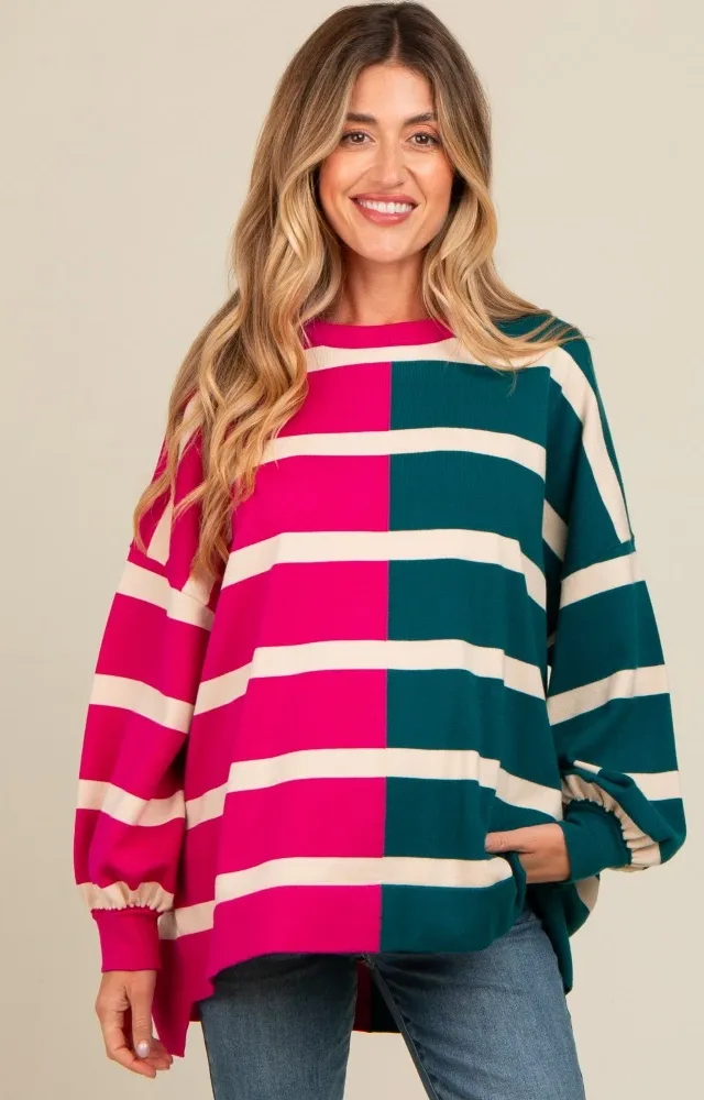 Fuchsia Striped Colorblock Dolman Knit Maternity Top