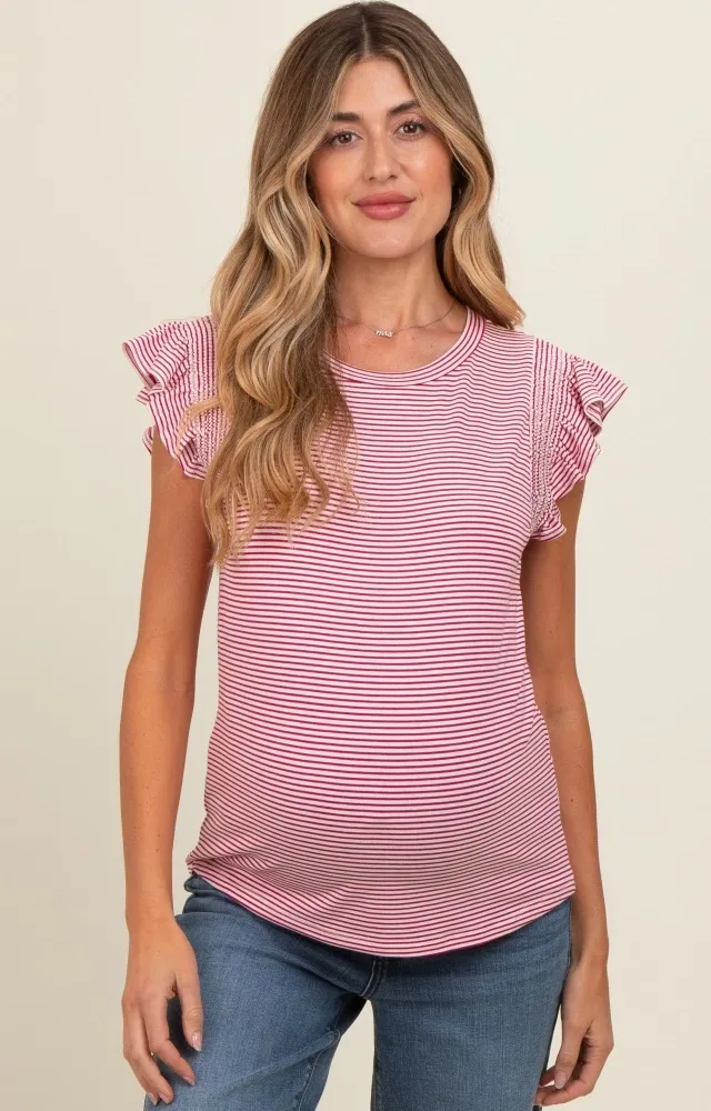 Fuchsia Striped Flutter Sleeve Maternity Top