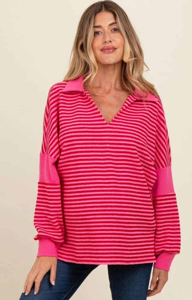 Fuchsia Striped Relaxed Fit Maternity Top