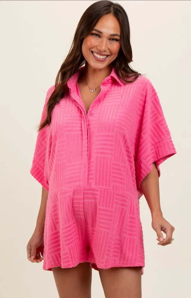 Fuchsia Textured Button Front Short Sleeve Maternity Romper