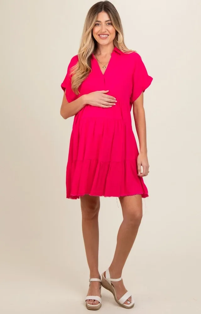 Fuchsia Tiered Linen Maternity Dress