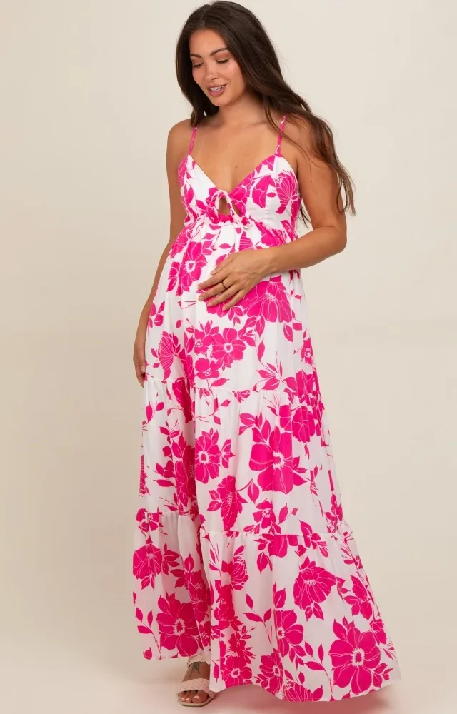 Fuchsia Tropical Floral Open Back Maternity Maxi Dress