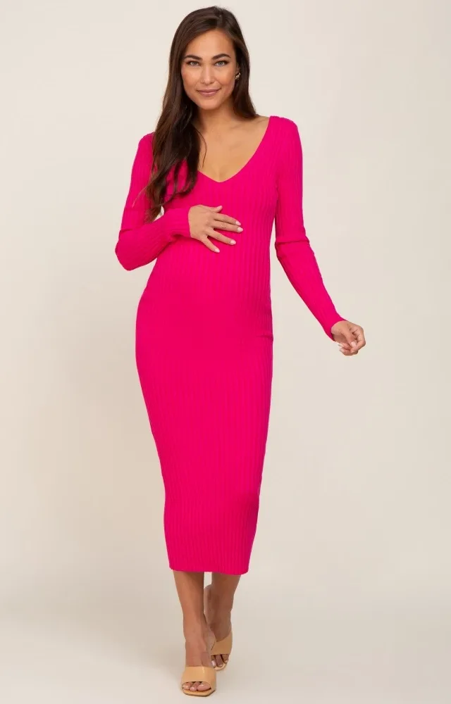 Fuchsia V-Neck Long Sleeve Fitted Maternity Maxi Dress