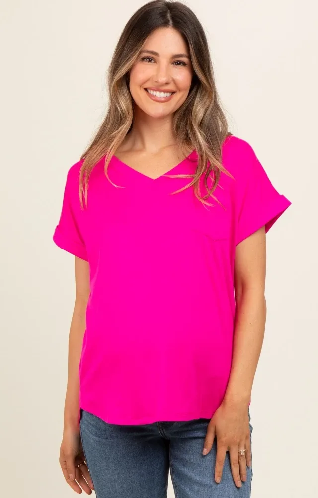 Fuchsia V-Neck Pocket Short Sleeve Maternity Shirt