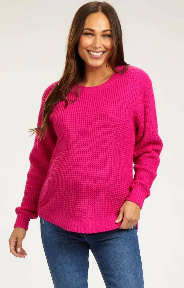 Fuchsia Waffle Knit Round Hem Maternity Sweater