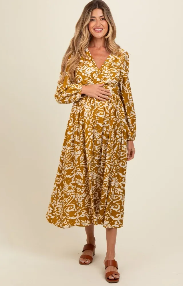 Gold Abstract Floral Gathered Front Maternity Midi Dress