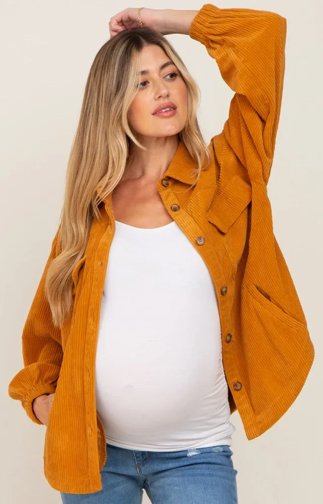 Gold Corduroy Front Pocket Maternity Shacket