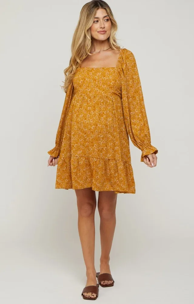 Gold Floral Chiffon Square Neck Ruffle Hem Maternity Dress