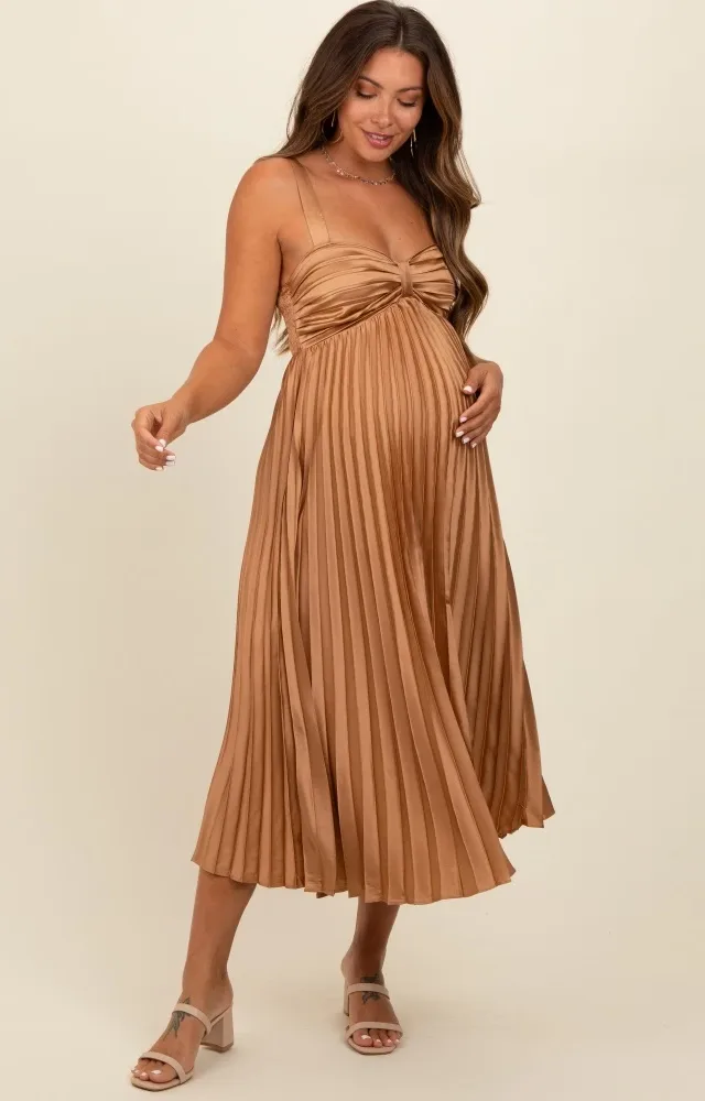 Gold Satin Pleated Sweetheart Maternity Midi Dress