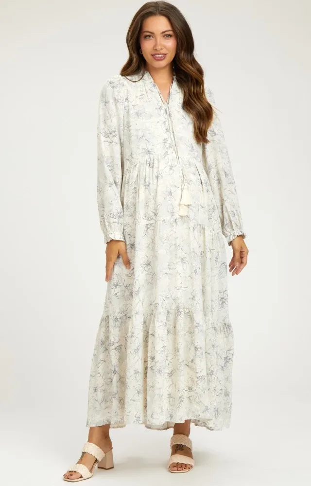 Gray Floral Tassel Tiered Long Sleeve Maternity Maxi Dress