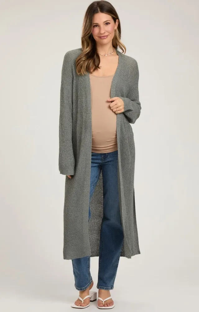 Gray Knit Side Slit Long Maternity Cardigan