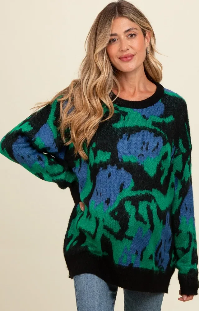 Green Abstract Fuzzy Knit Maternity Sweater