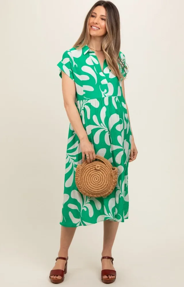 Green Abstract Print Collared Maternity Dress