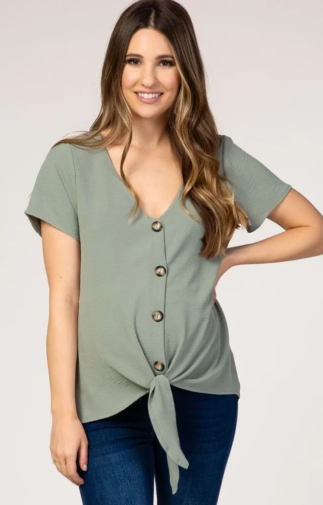 Green Button Tie Front Maternity Top