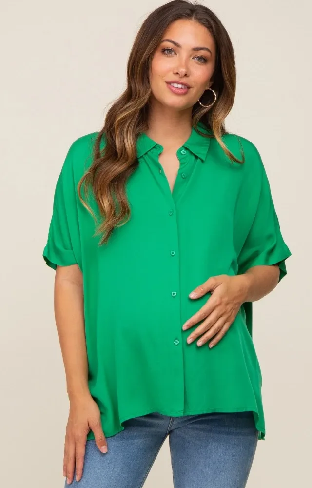 Green Button Up Dolman Short Sleeve Maternity Top