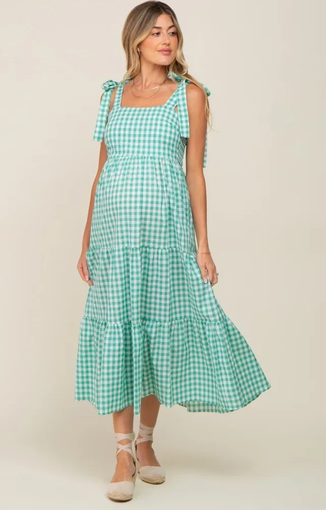 Green Checkered Sleeveless Tiered Maternity Maxi Dress