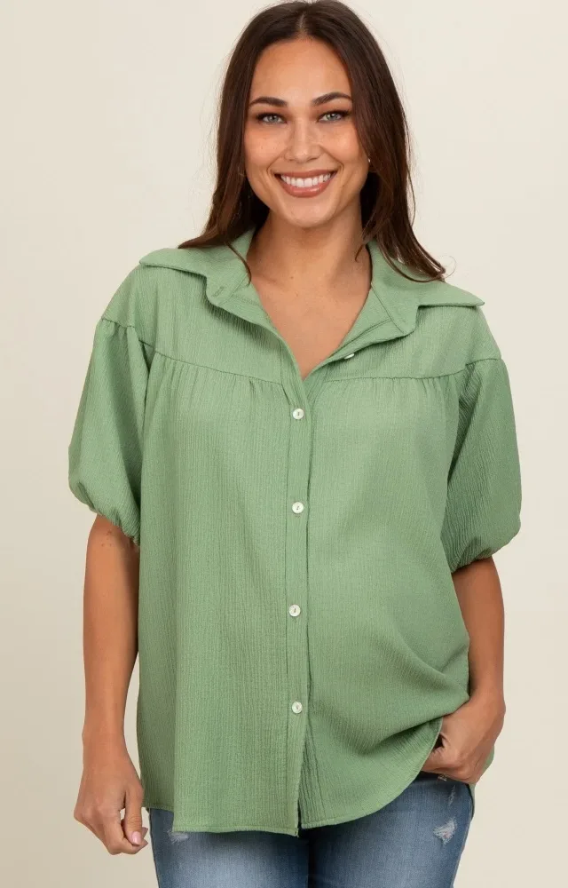 Green Collared Button Down Maternity Blouse