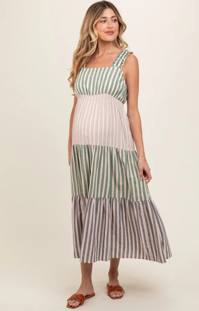 Green Colorblock Striped Tiered Maternity Midi Dress