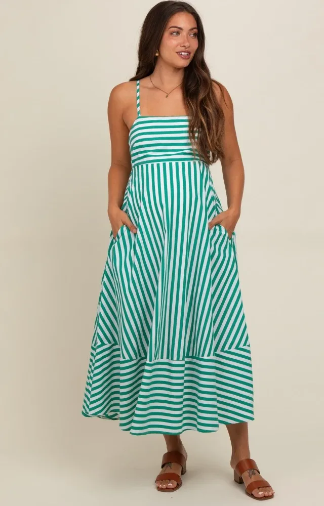 Green Contrast Stripe Maternity Midi Dress