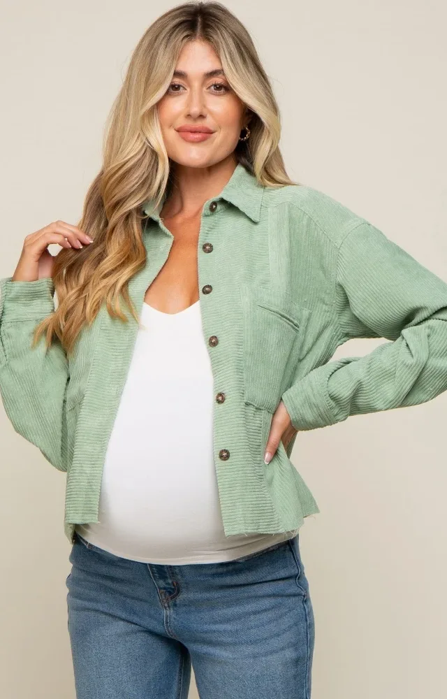 Green Corduroy Raw Hem Maternity Shacket