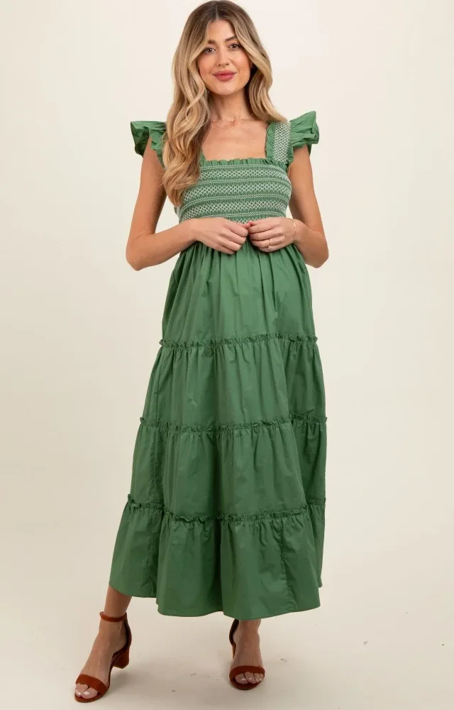 Green Embroidered Smocked Maternity Midi Dress