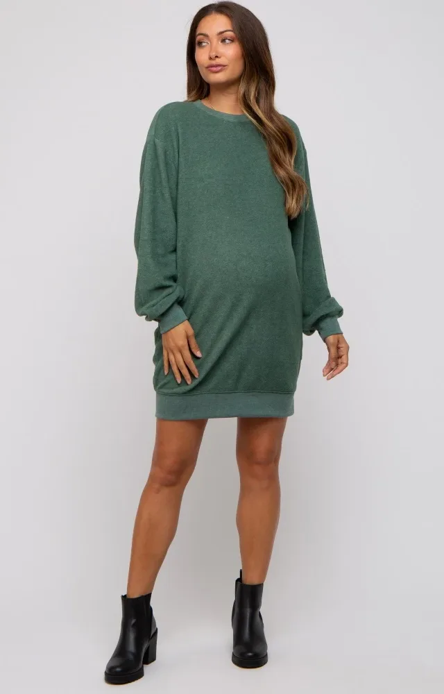 Green Fleece Oversized Maternity Sweatshirt Mini Dress