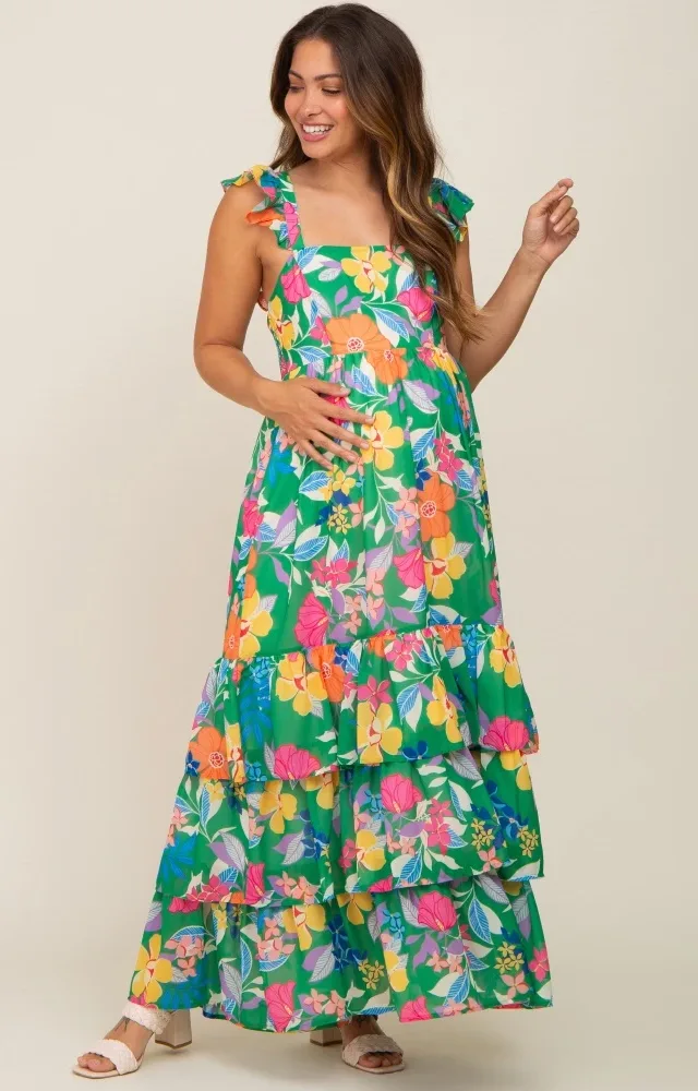 Green Floral Chiffon Square Neck Ruffle Maternity Maxi Dress