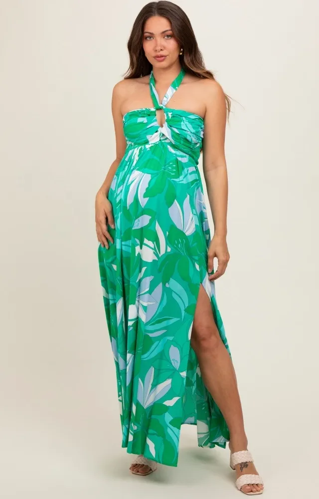 Green Floral Halter Maternity Maxi Dress