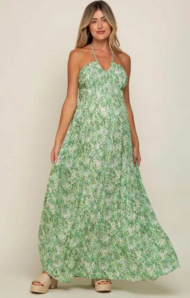 Green Floral Halter Neck Maternity Maxi Dress