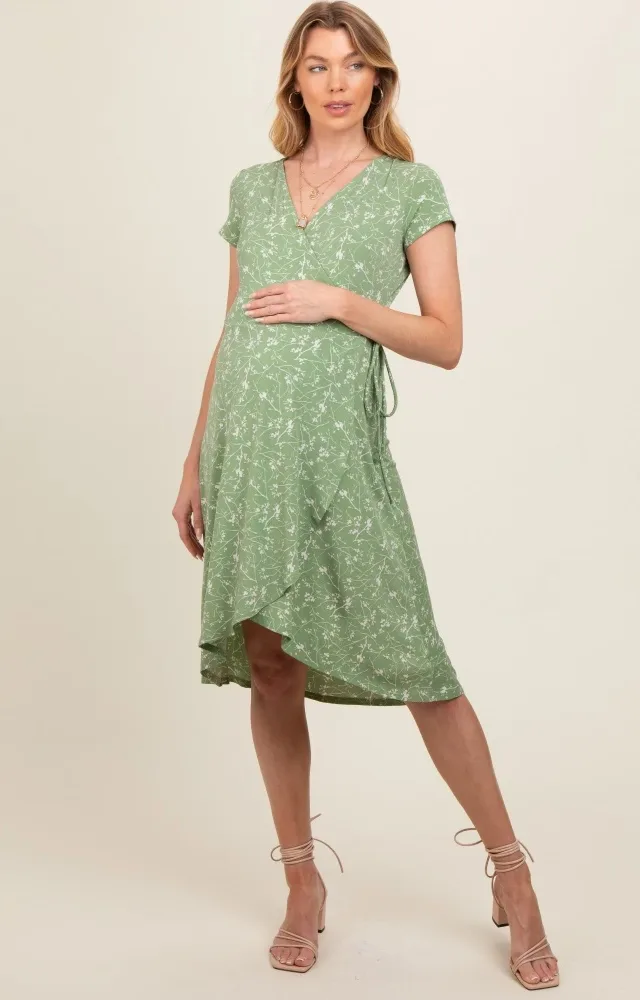 Green Floral Hi-Lo Maternity Wrap Dress