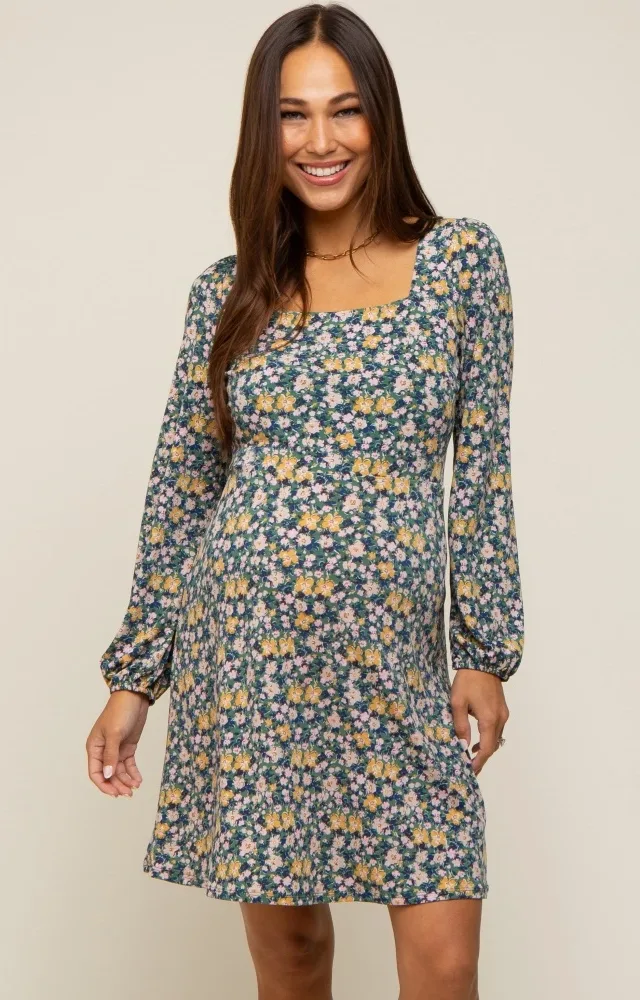 Green Floral Long Sleeve Maternity Dress